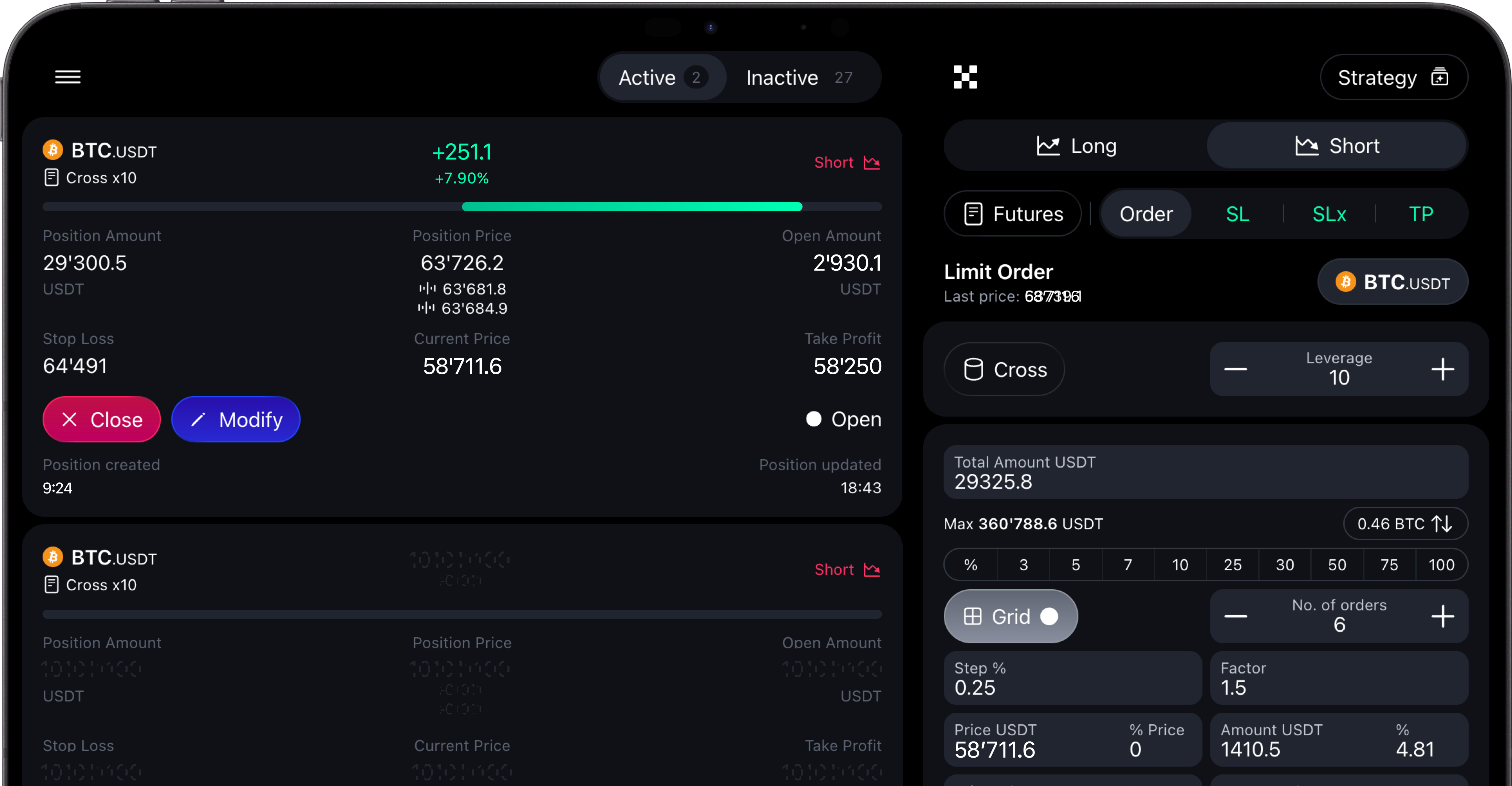 Liftx Web crypto trading terminal showing BTC futures positions and professional order controls