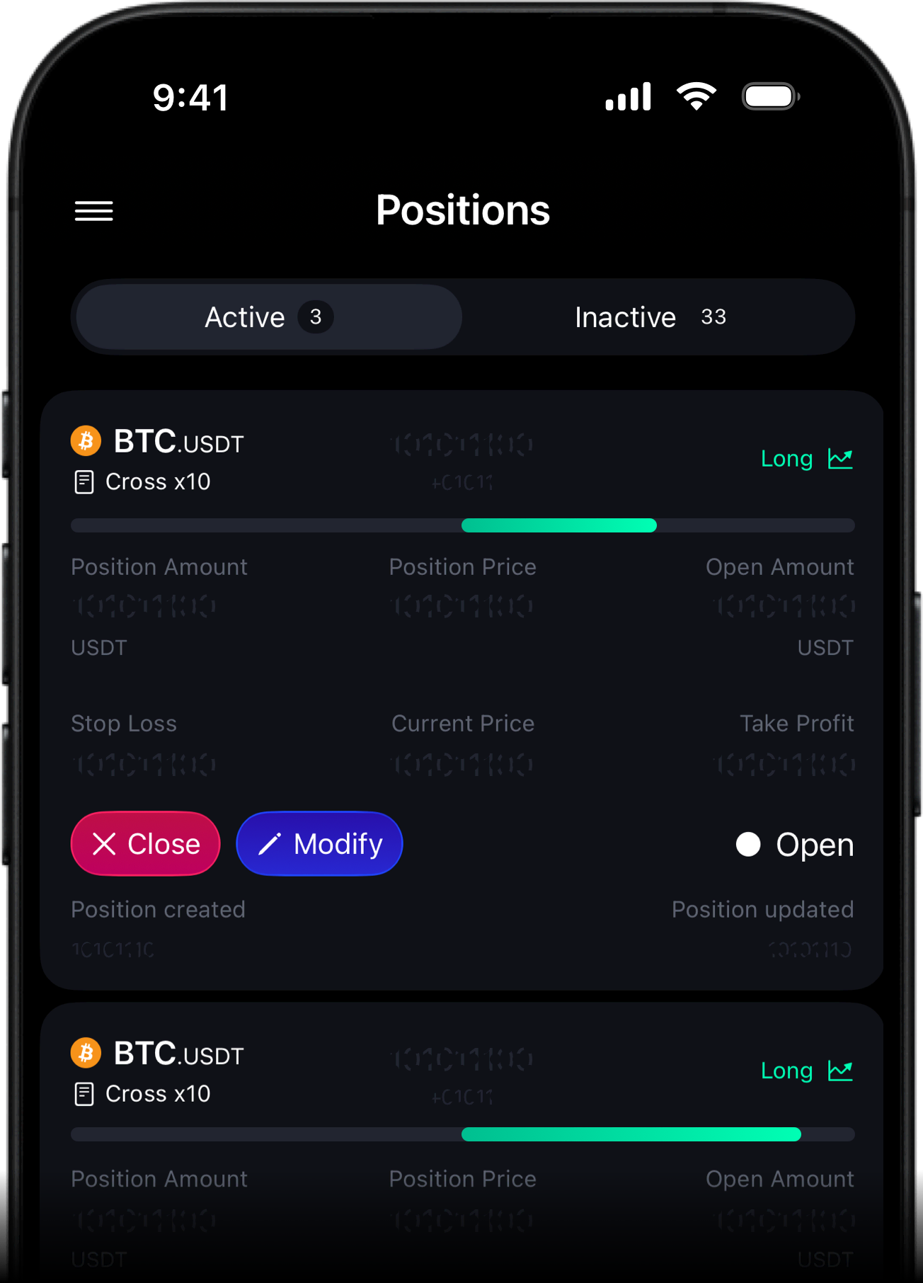 Liftx crypto trading terminal showing multiple independent BTC-USDT long cross-margin positions